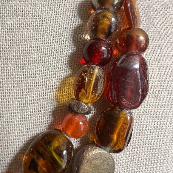 Boho Glass Beaded Fall Colors Red Orange Honey Amber Brass Tone Costume Necklace - Picture 6 of 8